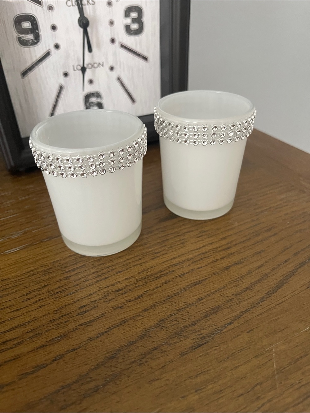 Rhinestone-Trim White Votive Candle Holders - Set of 2